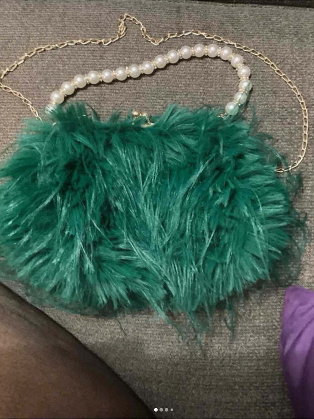 Green Faux Fur Pearl-Handle Evening Clutch